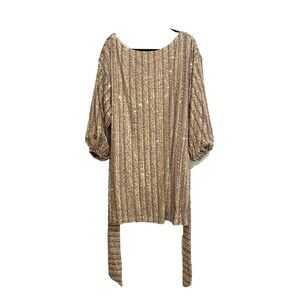 ELOQUII Mini Dress Sequin Beige Tan balloon Long Sleeves Tie Waist Size 14/16
